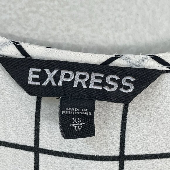 Express Womens XS White Black Grid Pattern Button Up Blouse Roll Tab Sleeve Top - Picture 3 of 8